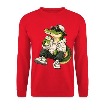 Krokodil mit Matcha Latte - Unisex Pullover - Rot - Vorne - Alina (178cm) & Michal (187cm)