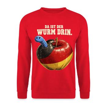 Da ist der Wurm drin – AfD Kritik im Vintage-Stil - Unisex Pullover - Rot - Vorne - Alina (178cm) & Michal (187cm)
