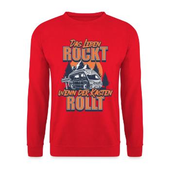 Kastenwagen-Das Leben rockt wenn der Kasten rollt - Unisex Pullover - Rot - Vorne - Alina (178cm) & Michal (187cm)