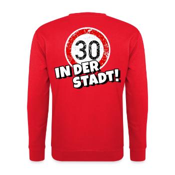 Tempo 30 in der Stadt - Unisex Pullover - Rot - Hinten - Michal (187cm)