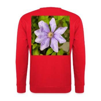 Lila Clematis-Blüte, die zwischen grünen Blättern blüht - Unisex Pullover - Rot - Hinten - Michal (187cm)