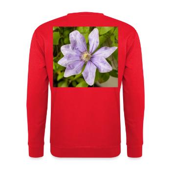 Lila Clematis-Blüte, die zwischen grünen Blättern blüht - Unisex Pullover - Rot - Hinten - Michal (187cm)