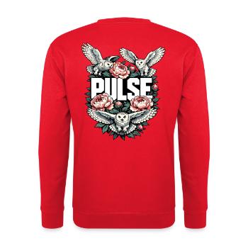 PULSE : Motif naturel des hiboux et des pivoines - Sweat-shirt Unisexe - rouge - Dos - Michal (187cm)