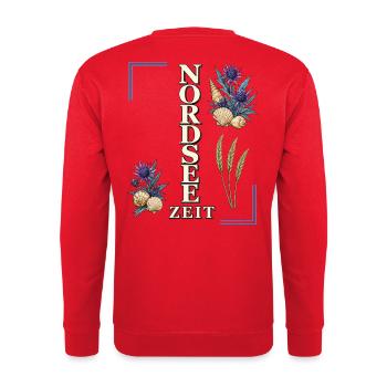 Nordsee Zeit – maritime Küsten liebe mit Disteln - Unisex Pullover - Rot - Hinten - Michal (187cm)