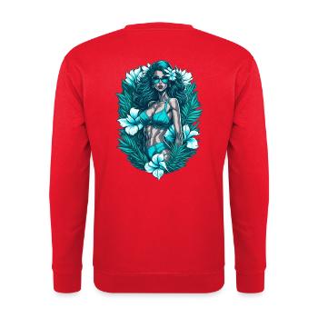 Turquoise Woman in Tropical Flowers - Unisex Sweatshirt - red - Back - Michal (187cm)