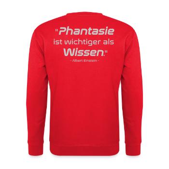 Zitat: "Phantasie ist wichtiger als Wissen" - Unisex Pullover - Rot - Hinten - Michal (187cm)