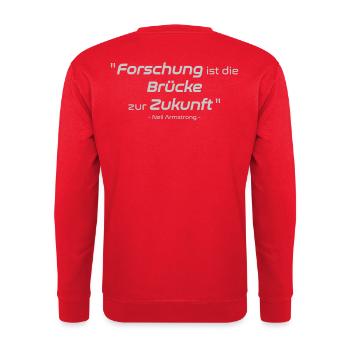 Zitat: "Forschung ist die Brücke zur Zukunft" - Unisex Pullover - Rot - Hinten - Michal (187cm)