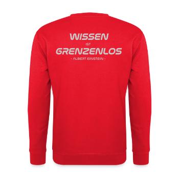 Zitat: "Wissen ist Grenzenlos" - Unisex Pullover - Rot - Hinten - Michal (187cm)