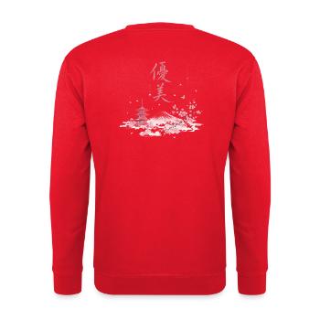 Japanische Kirschblüten Fuji Panorama - Unisex Pullover - Rot - Hinten - Michal (187cm)
