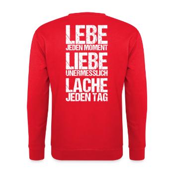Lebe - Liebe - Lache - Unisex Pullover - Rot - Hinten - Michal (187cm)
