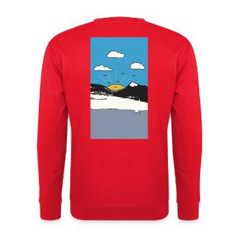 Sonnenaufgang über Bergen - Unisex Pullover - Rot - Hinten - Michal (187cm)