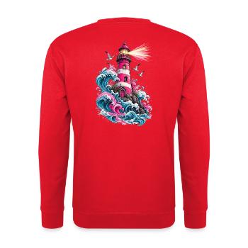 Leuchtturm am Meer – Maritimes Küstenmotiv - Unisex Pullover - Rot - Hinten - Michal (187cm)