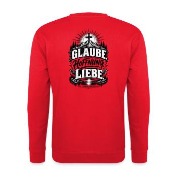 Glaube. Hoffnung. Liebe. – 1. Korinther 13,13 - Unisex Pullover - Rot - Hinten - Michal (187cm)
