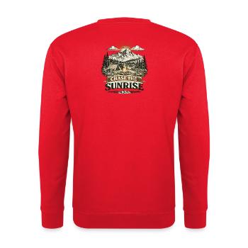 Chase the Sunrise | Camping Design - Unisex Pullover - Rot - Hinten - Michal (187cm)
