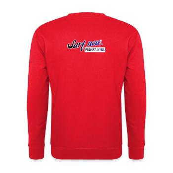 Surf now. Prompt later. Retro Design - Unisex Pullover - Rot - Hinten - Michal (187cm)