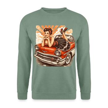 Rockabilly Pin-Up Girl auf Oldtimer Motorhaube - Unisex Pullover - Graugrün - Vorne