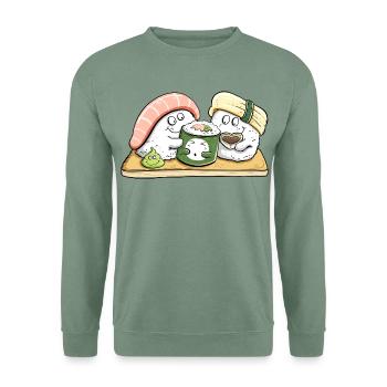 Lustige Sushi Familie I Kawaii Food Cartoon - Unisex Pullover - Graugrün - Vorne