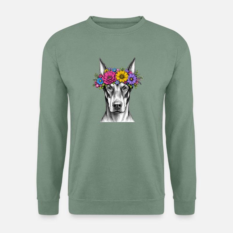 Hund mit Blumenkrone - Unisex Pullover - Graugrün