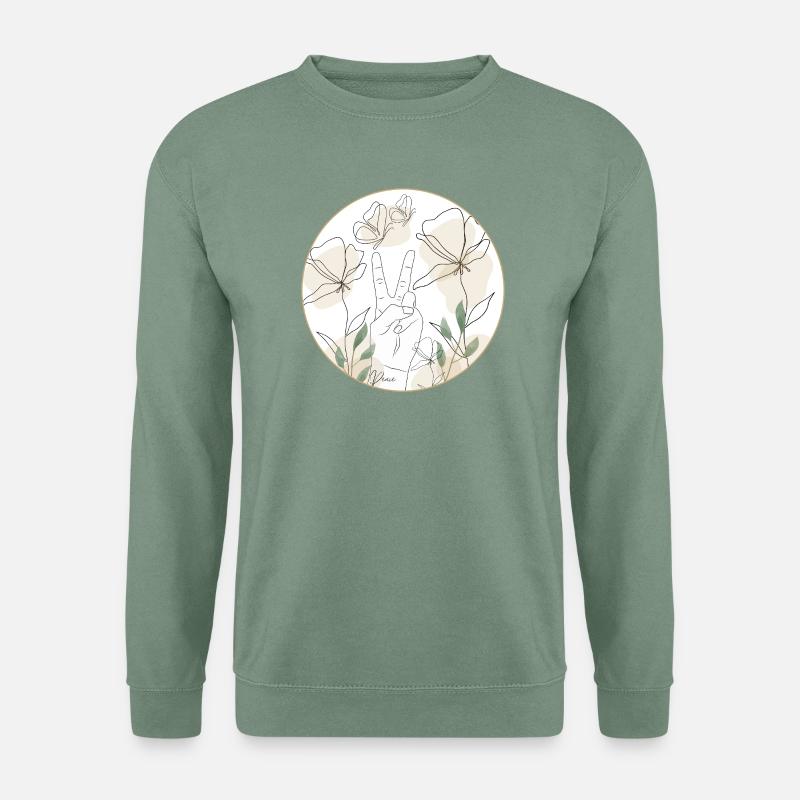 Frieden - Hand und Blüten - Linienkunst - peace - Unisex Pullover - Graugrün