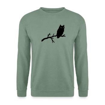 Grimme Eule Silhouette mit grünen Augen auf Ast - Unisex Pullover - Graugrün - Vorne