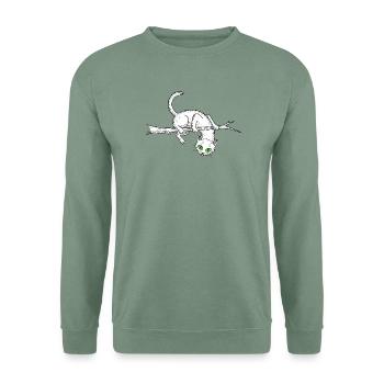 Lustige Katze auf einem Ast – lustiges Haustier - Unisex Pullover - Graugrün - Vorne