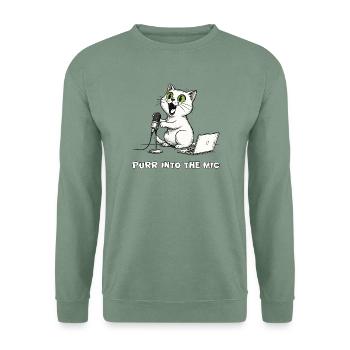 Lustiger Katzen-Podcaster am Laptop - Unisex Pullover - Graugrün - Vorne