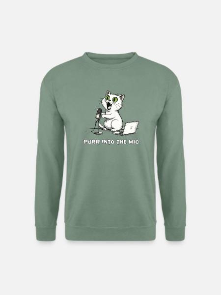 Lustiger Katzen-Podcaster am Laptop - Unisex Pullover - Graugrün