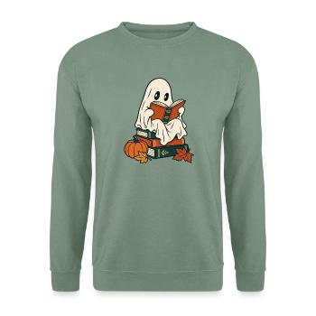 Lesendes Gespenst mit Büchern und Kürbis - Unisex Pullover - Graugrün - Vorne