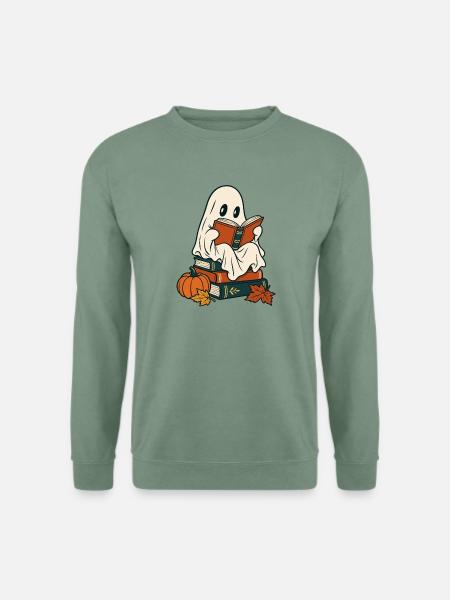 Lesendes Gespenst mit Büchern und Kürbis - Unisex Pullover - Graugrün