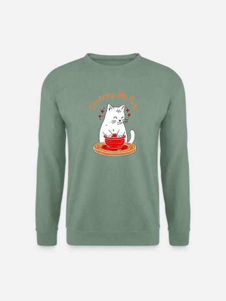 Meine Seele in den Mittelpunkt stellen – lustige Zen-Katzen-Töpferscheibe - Unisex Pullover - Graugrün