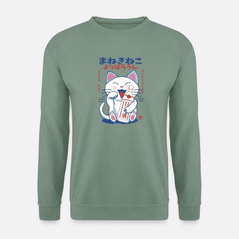 Lucky Cat Drunk on Sake - Unisex Pullover - Graugrün