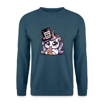 Neujahr Sylvester Einhorn Süß Comic Happy New Year - Unisex Pullover - Indigoblau - Vorne