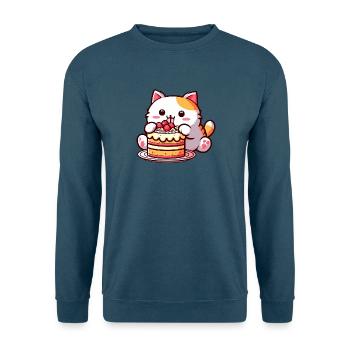 Kirschkuchen-Genuss: Süße Comic-Katze Nascht - Unisex Pullover - Indigoblau - Vorne