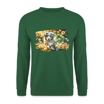 Playful Australian Shephe puppy on a dandelion meadow - Unisex Sweatshirt - green - Front