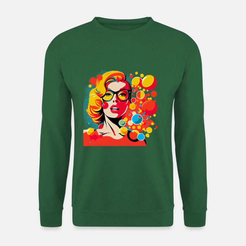 Retro Pop Art Frau mit Brille und bunten Punkten - Unisex Pullover - Grün