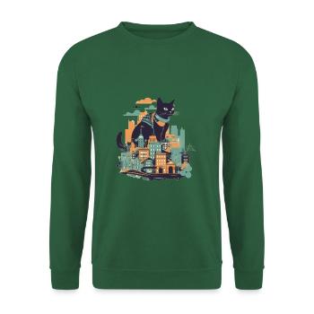 Chat noir assis devant une ville colorée - Sweat-shirt Unisexe - vert foncé - Devant