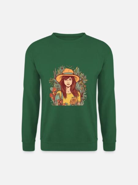 Hübsche Gärtnerin mit Hut und vielen Pflanzen - Unisex Pullover - Grün