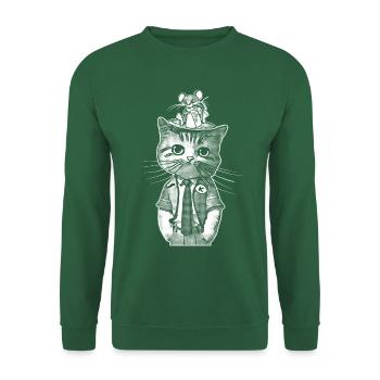 Mouse perched on the head of a cute cat. - Unisex Sweatshirt - green - Front