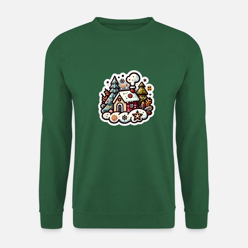 Gemütliches Winterwunderland: Ein charmantes rotes Ferienhaus - Unisex Pullover - Grün