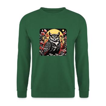 Hibou avec des vrilles de pétales de rose en aspect gravure sur bois - Sweat-shirt Unisexe - vert foncé - Devant