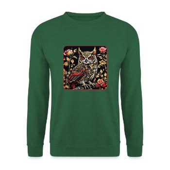 Hibou avec des vrilles de pétales de rose en aspect gravure sur bois - Sweat-shirt Unisexe - vert foncé - Devant