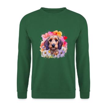Teckel coloré à poil dur / teckel avec couronne de fleurs - Sweat-shirt Unisexe - vert foncé - Devant