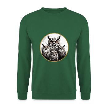 Eulenfamilie - grafisches Eulenmotiv mit vier Uhus - Unisex Pullover - Grün - Vorne