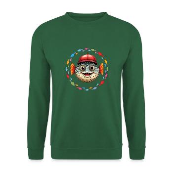 Kugelfisch mit roter Basecap und bunten Fischen - Unisex Pullover - Grün - Vorne