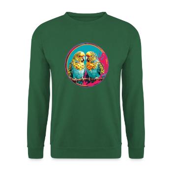 zwei bunte farbenfrohe Wellensittiche im Farbkreis - Unisex Pullover - Grün - Vorne