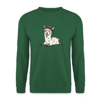 Lama bande dessinée alpaga chameau avec chapeau couché sur le sol - Sweat-shirt Unisexe - vert foncé - Devant