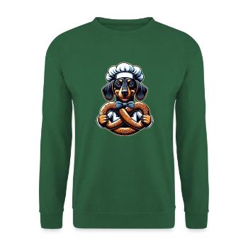 Teckel avec chapeau de boulanger et grand bretzel - Sweat-shirt Unisexe - vert foncé - Devant