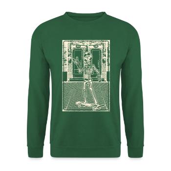Skelett mit Skateboard vor Backsteinmauerwerk - Unisex Pullover - Grün - Vorne