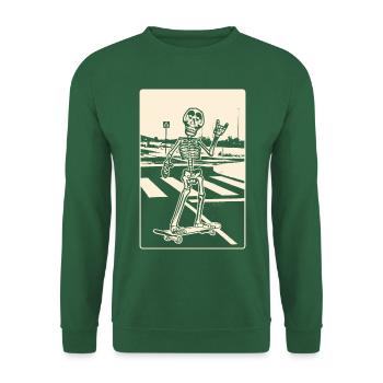 Skelett auf Skateboard überquert eine Landstrasse. - Unisex Pullover - Grün - Vorne