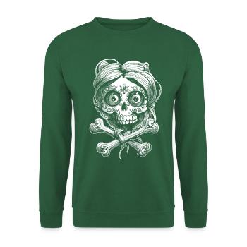 Metal Shirt: Totenkopf, Haare umschlingen Knochen. - Unisex Pullover - Grün - Vorne